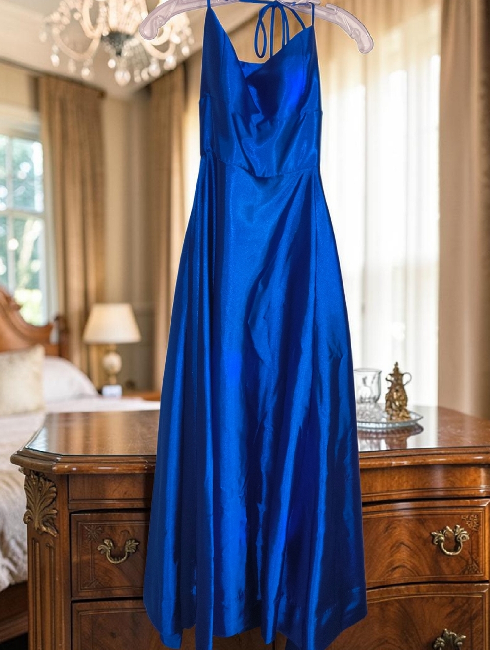 Windsor Cobalt Blue Satin Gown | Lace-Up Back Slip Dress | Size M